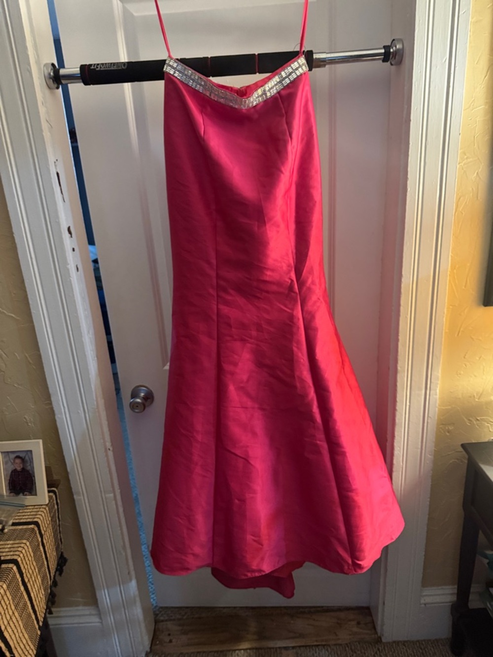 Strapless Fuchsia Evening Gown with Embellished Trim